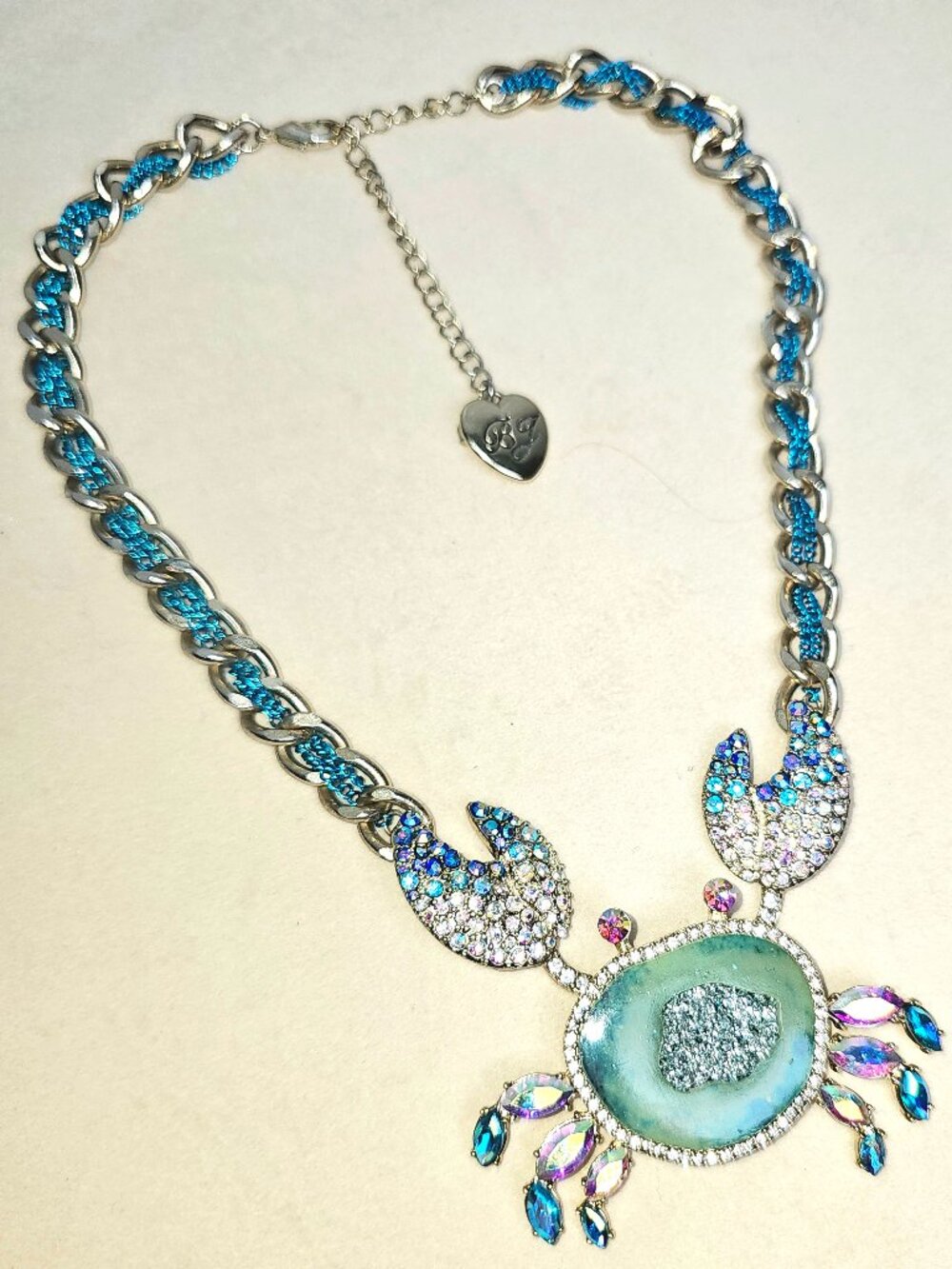 Betsey Johnson Crab Necklace Blue Crystal Rhinestone Statement Chain Coastal - Picture 3 of 9
